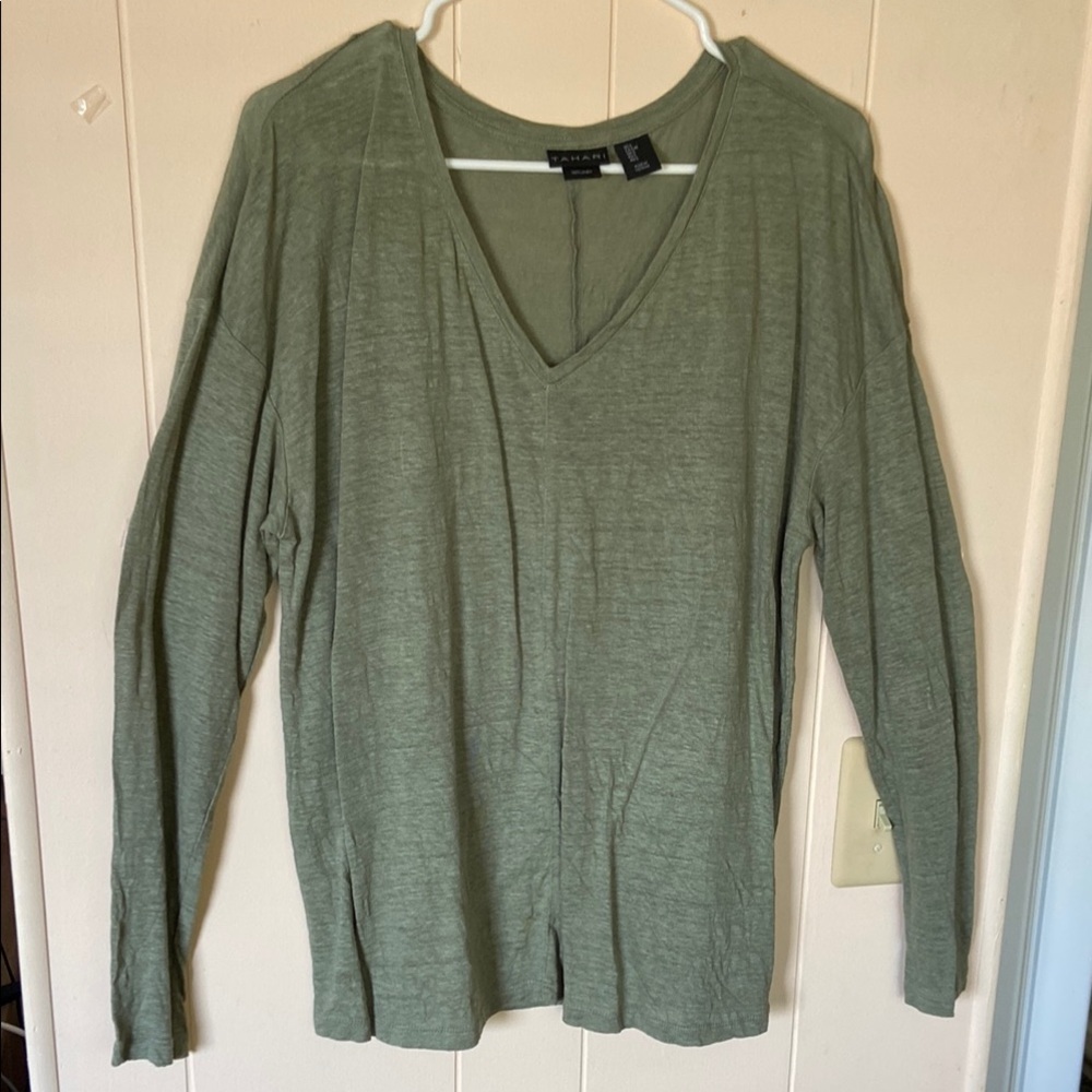 TAHARI Green Long Sleeve 100% Linen Shirt NWOT
